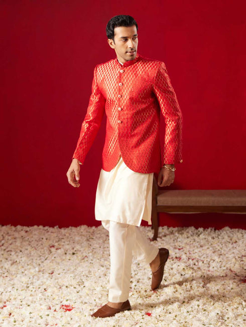 Men's Red Banarasi Woven Jodhpuri